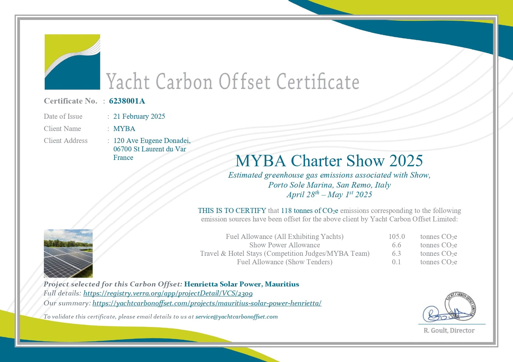 Yacht Carbon Offset Certificate